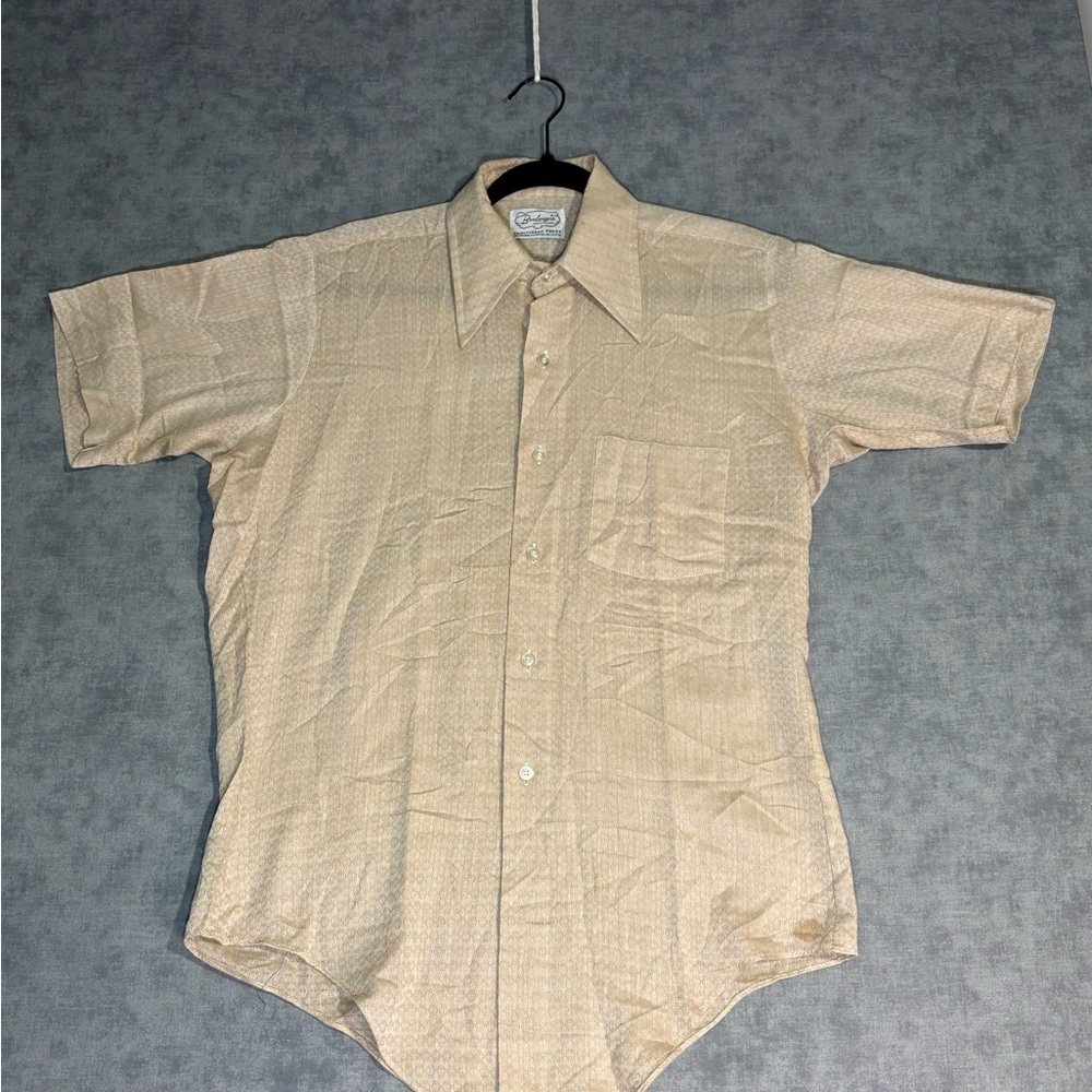 Vintage 70s Bamberger’s Mens Short Sleeve Shirt M Tan Disco Collar USA Old Money